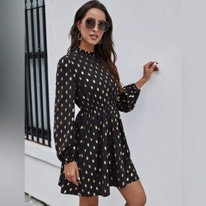 Brand new Black and Gold polka dots gathered A-line dress